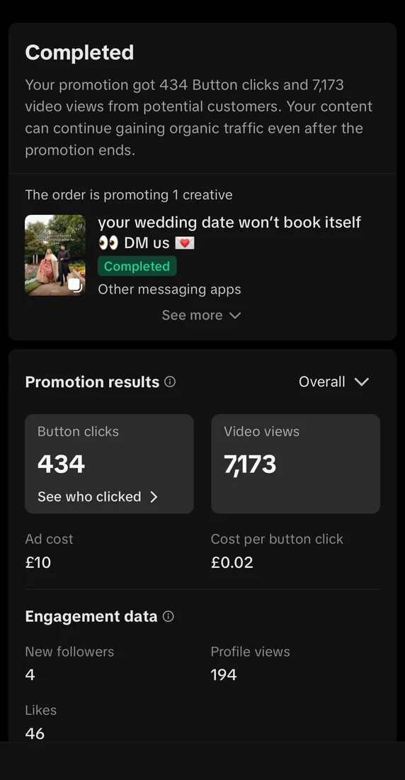 TikTok promotion results: 434 button clicks at two pence each